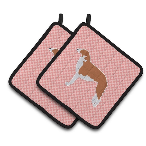 Carolines Treasures Borzoi Russian Greyhound Checkerboard Pink Pair of Pot Holders - BB3599PTHD