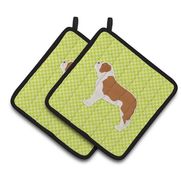 Carolines Treasures Saint Bernard Checkerboard Green Pair of Pot Holders - BB3876PTHD