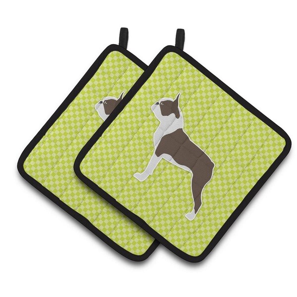Carolines Treasures Boston Terrier Checkerboard Green Pair of Pot Holders - BB3844PTHD