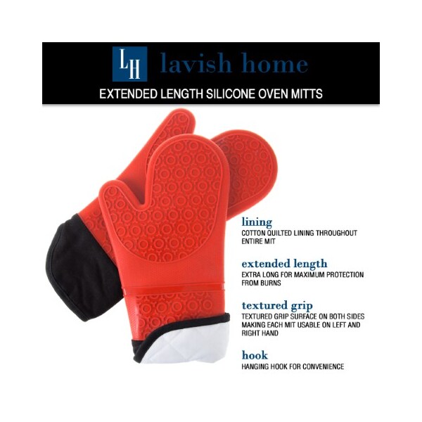 Hastings Home Silicone Oven Mitts, Extra Long Heat Resistant with Quilted Lining, 2-sided Textured Grip, 1-pair, Red - 910068AAN