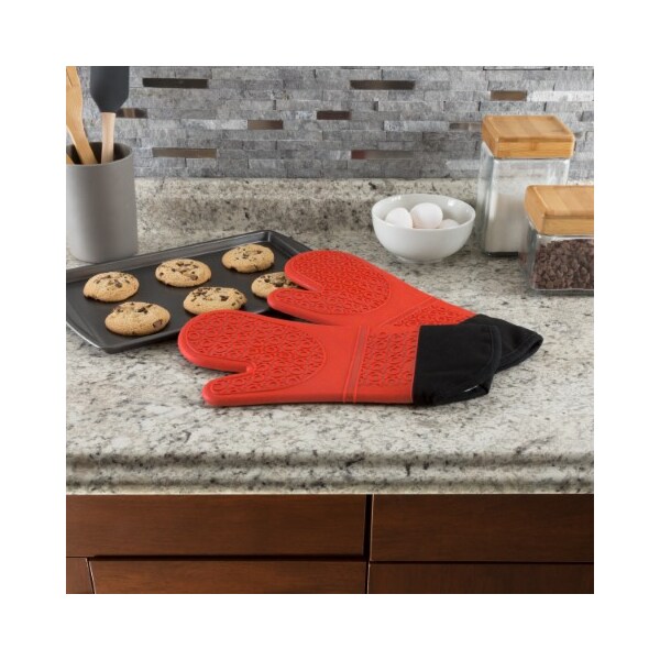 Hastings Home Silicone Oven Mitts, Extra Long Heat Resistant with Quilted Lining, 2-sided Textured Grip, 1-pair, Red - 910068AAN