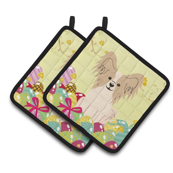 Carolines Treasures Easter Eggs Papillon Sable White Pair of Pot Holders - BB6077PTHD