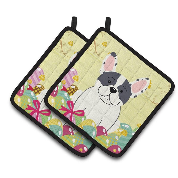 Carolines Treasures Easter Eggs French Bulldog Piebald Pair of Pot Holders - BB6011PTHD