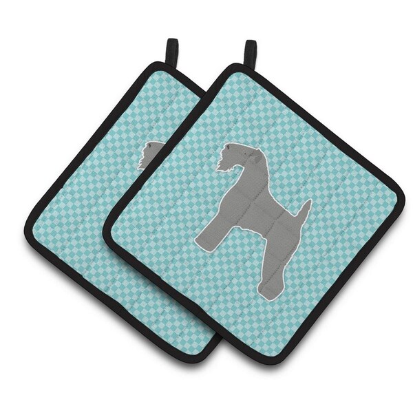 Carolines Treasures Kerry Blue Terrier Checkerboard Blue Pair of Pot Holders - BB3692PTHD