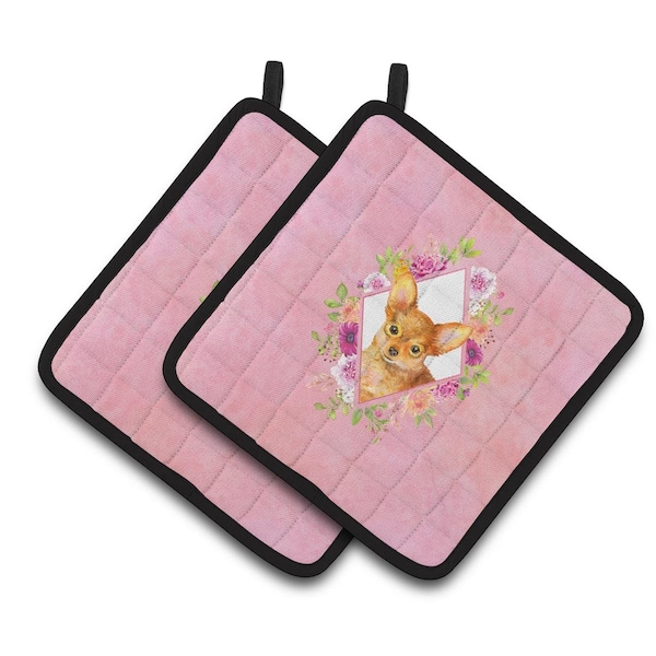 Carolines Treasures 7.5 x 7.5 in. Toy Terrier Pink Flowers Pair of Pot Holders - CK4190PTHD