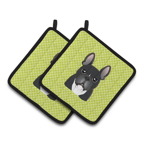 Carolines Treasures Checkerboard Lime Green French Bulldog Pair of Pot Holders, 7.5 x 3 x 7.5 in. - BB1289PTHD