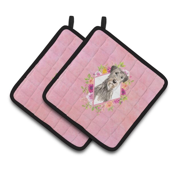 Carolines Treasures 7.5 x 7.5 in. Irish Wolfhound Pink Flowers Pair of Pot Holders - CK4231PTHD