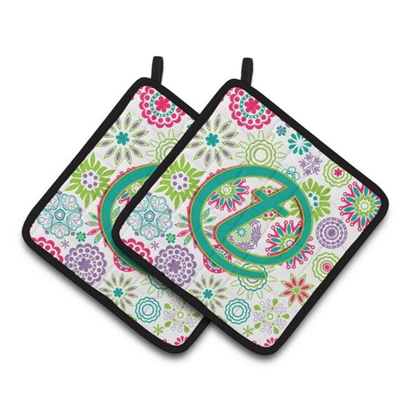 Carolines Treasures Letter T Flowers Pink Teal Green Initial Pair of Pot Holders, 7.5 x 3 x 7.5 in. - CJ2011-TPTHD