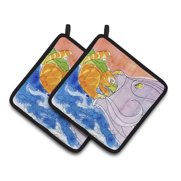Carolines Treasures Cat & the Big Fish Pair of Pot Holders - 6103PTHD
