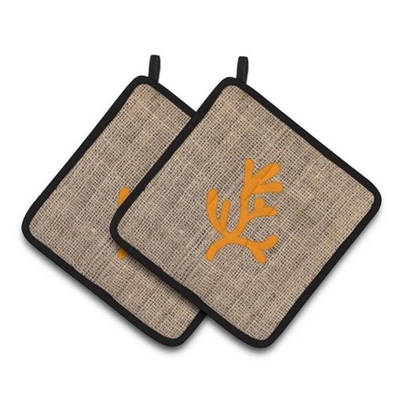 Carolines Treasures Carolines Treasures BB1103-BL-OR-PTHD Coral Faux Burlap & Orange Pair of Pot Holders; 7.5 x 3 x 7.5 in. - BB1103-BL-OR-PTHD
