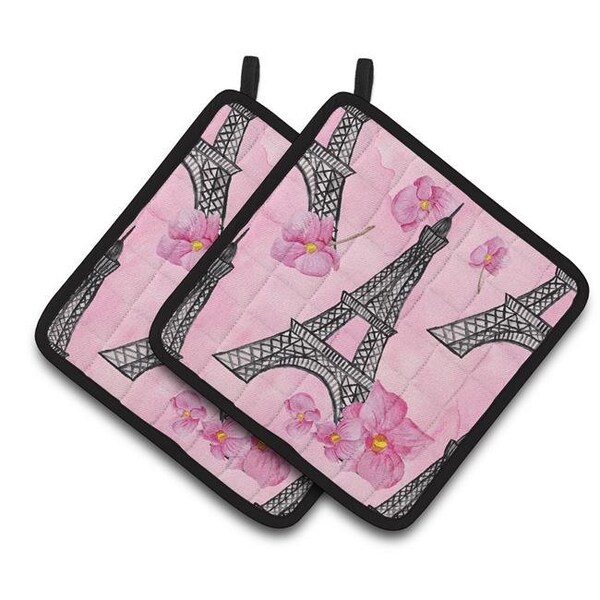 Carolines Treasures Carolines Treasures BB7511PTHD Watercolor Pink Flowers & Eiffel Tower Pair of Pot Holders - BB7511PTHD
