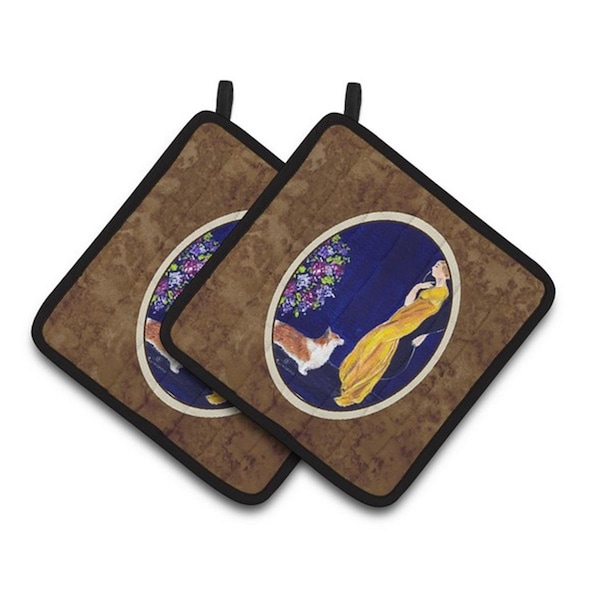 Carolines Treasures Lady with Her Corgi Pair of Pot Holders, 7.5 x 3 x 7.5 in. - SS8546PTHD