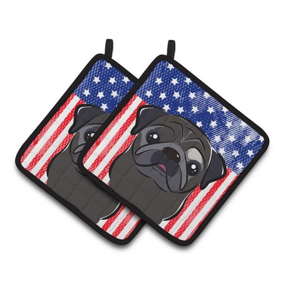 Carolines Treasures American Flag and Black Pug Pair of Pot Holders, 7.5 x 3 x 7.5 in. - BB2193PTHD