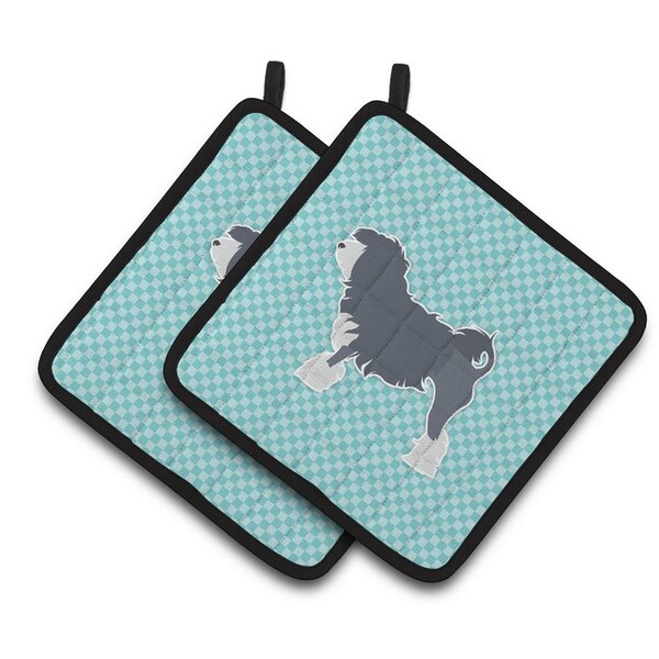 Carolines Treasures Lowchen Checkerboard Blue Pair of Pot Holders - BB3735PTHD