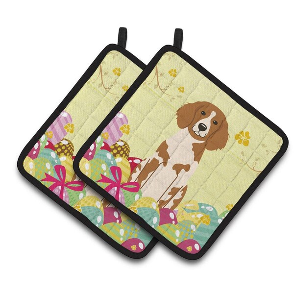 Carolines Treasures Easter Eggs Brittany Spaniel Pair of Pot Holders - BB6072PTHD
