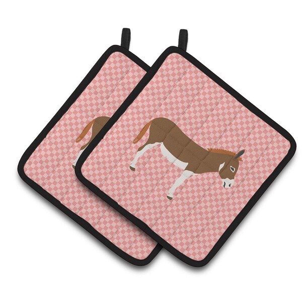 Carolines Treasures Miniature Mediterranian Donkey Pink Check Pair of Pot Holders - BB7847PTHD