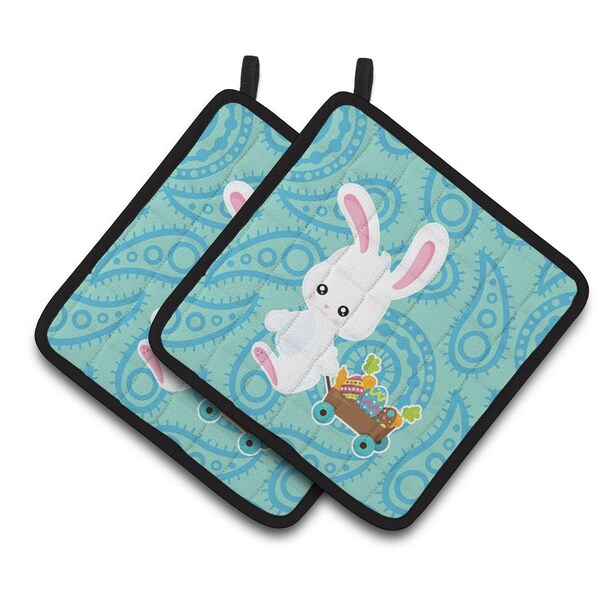 Carolines Treasures Easter Rabbit Paisley Blue Pair of Pot Holders - BB6898PTHD