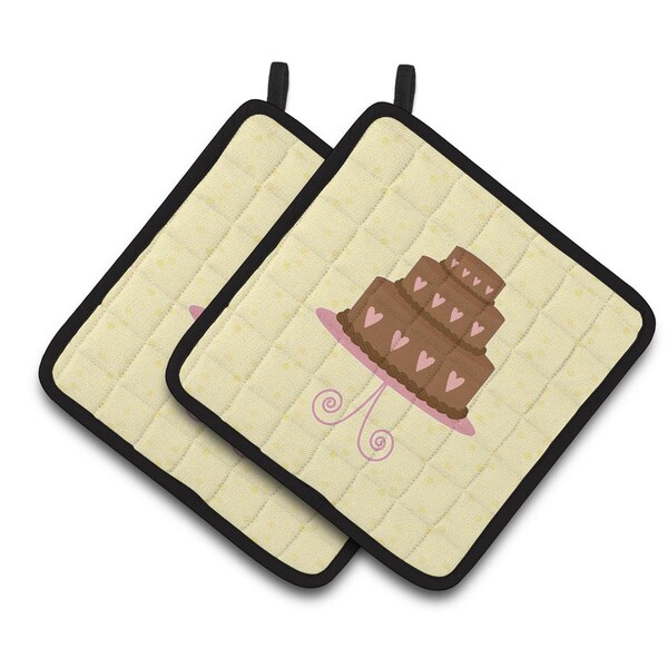 Carolines Treasures 3 Tier Heart Chocolate Cake on Yellow Pair of Pot Holders - BB7288PTHD