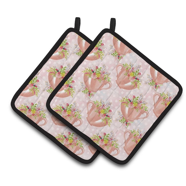 Carolines Treasures Tea Cup and Flowers Pink Pair of Pot Holders - BB7481PTHD