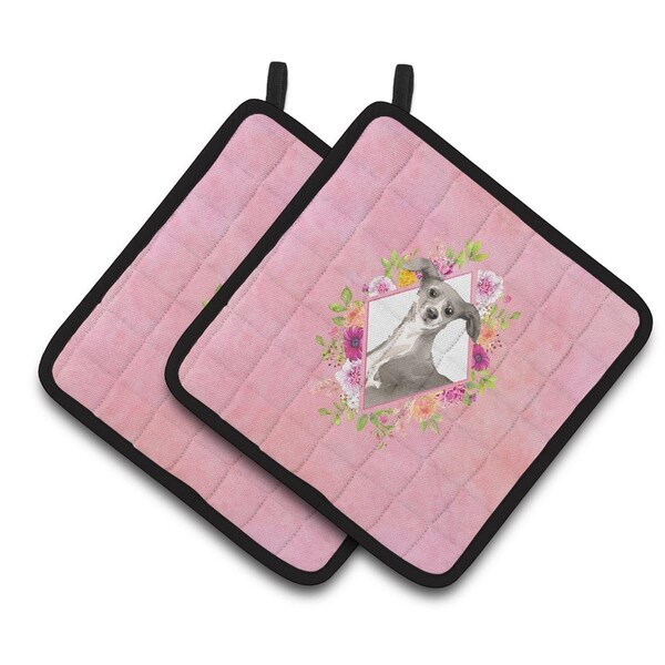 Carolines Treasures 7.5 x 7.5 in. Italian Greyhound Pink Flowers Pair of Pot Holders - CK4230PTHD