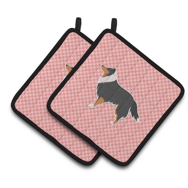 Carolines Treasures Sheltie and Shetland Sheepdog Checkerboard Pink Pair of Pot Holders - BB3630PTHD