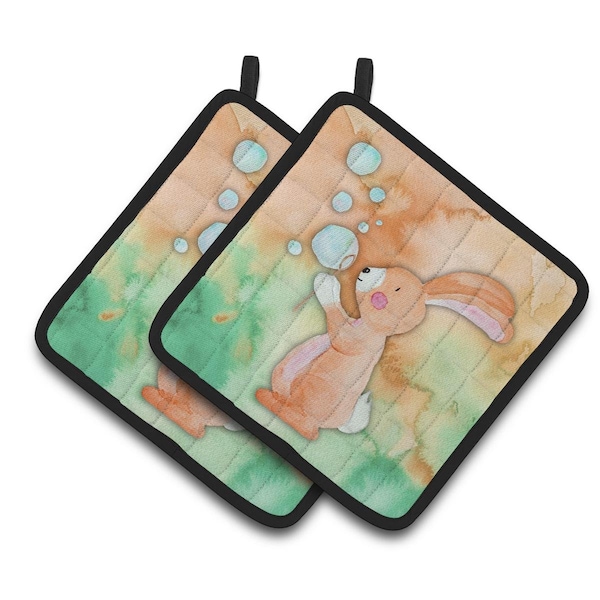 Carolines Treasures Rabbit & Bubbles Watercolor Pair of Pot Holders - BB7349PTHD