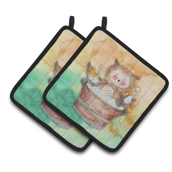 Carolines Treasures Owl Bathing Watercolor Pair of Pot Holders - BB7342PTHD