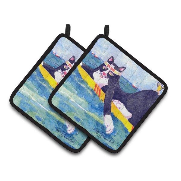 Carolines Treasures Black & White Cat Surfin Bird Pair of Pot Holders - 6051PTHD