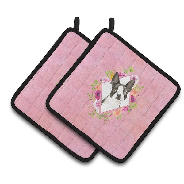 Carolines Treasures 7.5 x 7.5 in. Boston Terrier Pink Flowers Pair of Pot Holders - CK4257PTHD