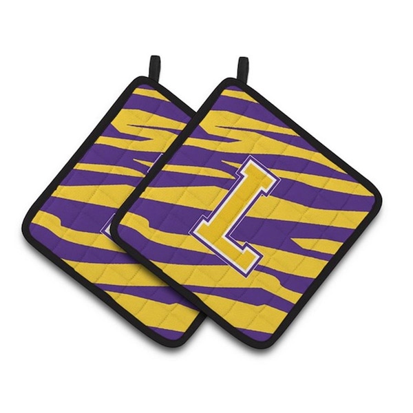 Carolines Treasures Letter L Monogram - Tiger Stripe - Purple Gold Pair of Pot Holders, 7.5 x 3 x 7.5 in. - CJ1022-LPTHD