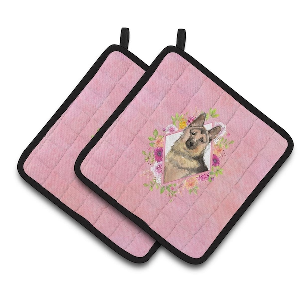 Carolines Treasures 7.5 x 7.5 in. German Shepherd Pink Flowers Pair of Pot Holders - CK4237PTHD