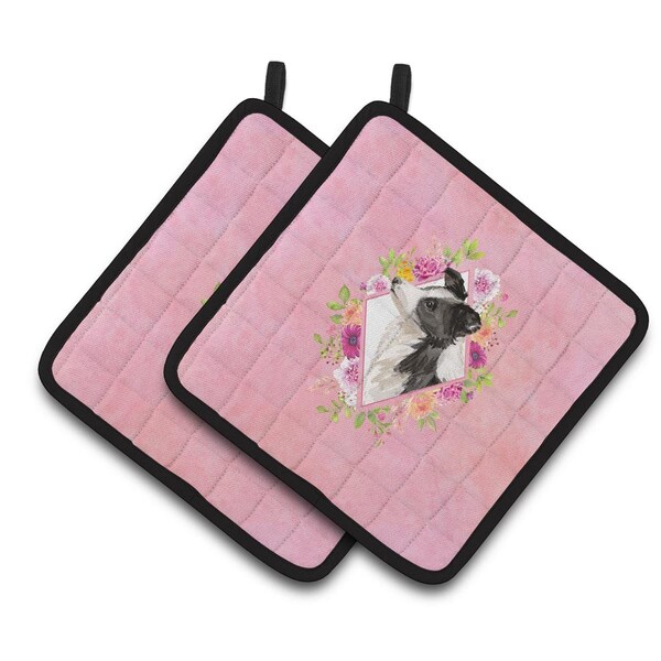 Carolines Treasures 7.5 x 7.5 in. Border Collie Pink Flowers Pair of Pot Holders - CK4258PTHD