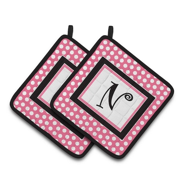 Carolines Treasures Letter N Monogram - Pink Black Polka Dots Pair of Pot Holders, 7.5 x 3 x 7.5 in. - CJ1001-NPTHD