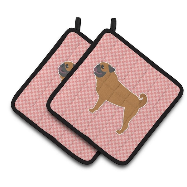 Carolines Treasures Pug Checkerboard Pink Pair of Pot Holders - BB3647PTHD