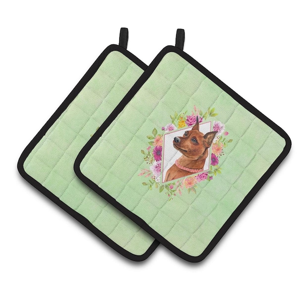 Carolines Treasures 7.5 x 7.5 in. Miniature Pinscher Green Flowers Pair of Pot Holders - CK4321PTHD