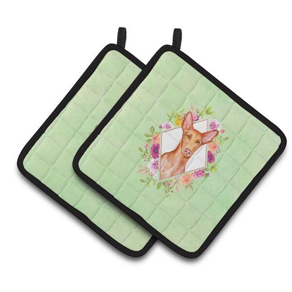 Carolines Treasures Carolines Treasures CK4328PTHD 7.5 x 7.5 in. Pharaoh Hound Green Flowers Pair of Pot Holders - CK4328PTHD