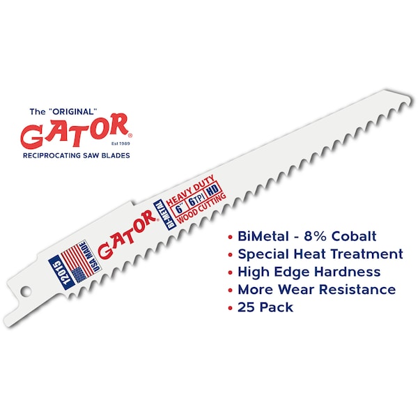 Gator Reciprocating Saw Blade 6 in. x 3/4 in. x 6tpi #12015-25, Heavy Duty Wood Cutting, 25PK - 12015-25