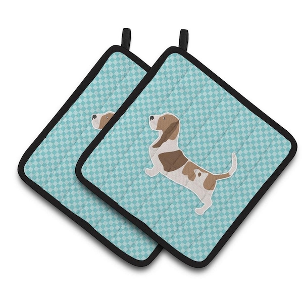 Carolines Treasures Basset Hound Checkerboard Blue Pair of Pot Holders - BB3702PTHD