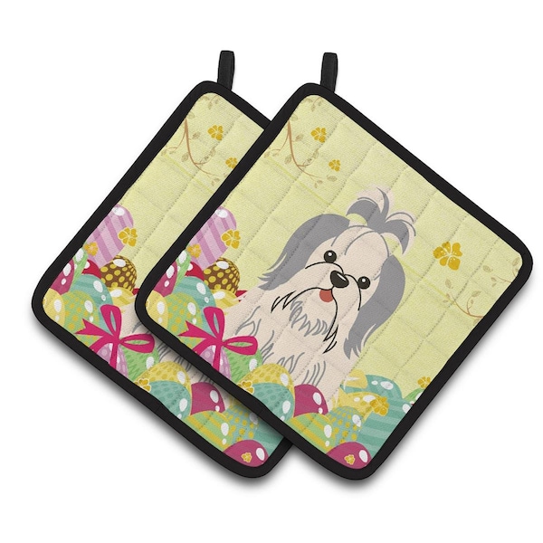 Carolines Treasures Easter Eggs Shih Tzu Silver & White Pair of Pot Holders - BB6085PTHD