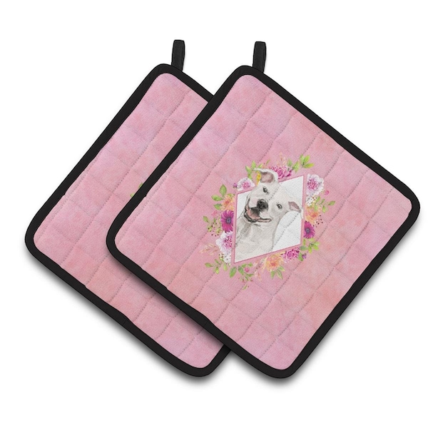 Carolines Treasures 7.5 x 7.5 in. White Pit Bull Terrier Pink Flowers Pair of Pot Holders - CK4268PTHD