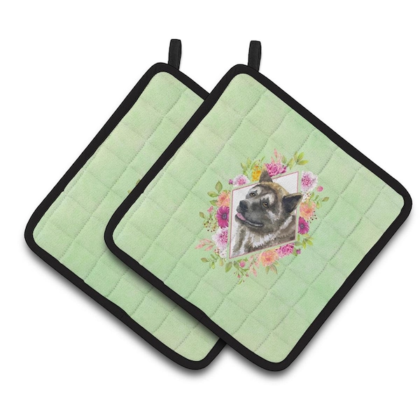 Carolines Treasures 7.5 x 7.5 in. Akita Green Flowers Pair of Pot Holders - CK4273PTHD