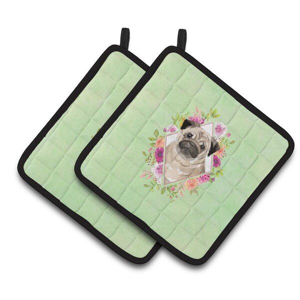 Carolines Treasures 7.5 x 7.5 in. Fawn Pug Green Flowers Pair of Pot Holders - CK4378PTHD