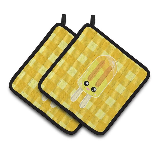 Carolines Treasures Ice Pop Popsicle Face Gingham Yellow Pair of Pot Holders - BB7069PTHD