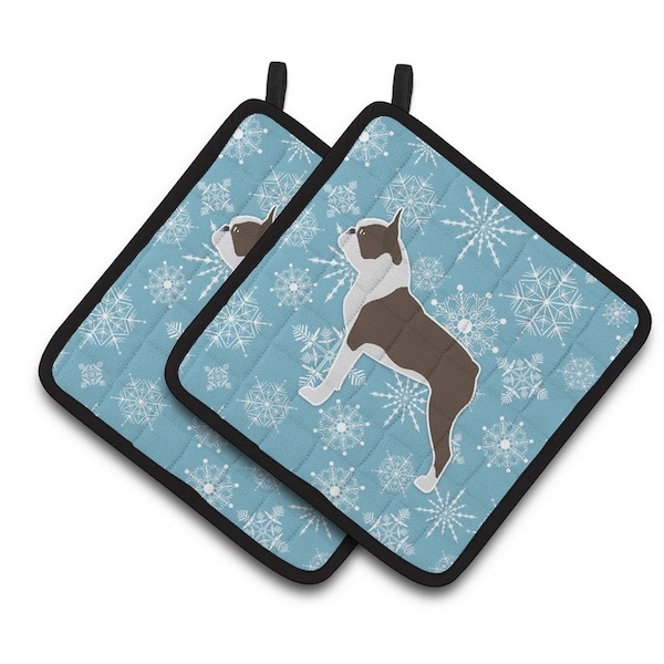 Carolines Treasures Winter Snowflake Boston Terrier Pair of Pot Holders - BB3544PTHD
