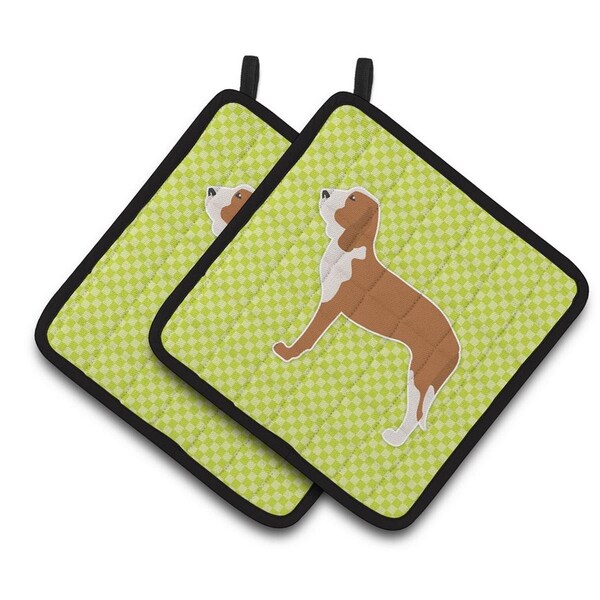 Carolines Treasures Spanish Hound Checkerboard Green Pair of Pot Holders - BB3791PTHD