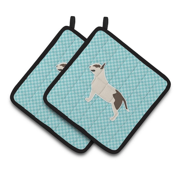 Carolines Treasures Bull Terrier Checkerboard Blue Pair of Pot Holders - BB3778PTHD