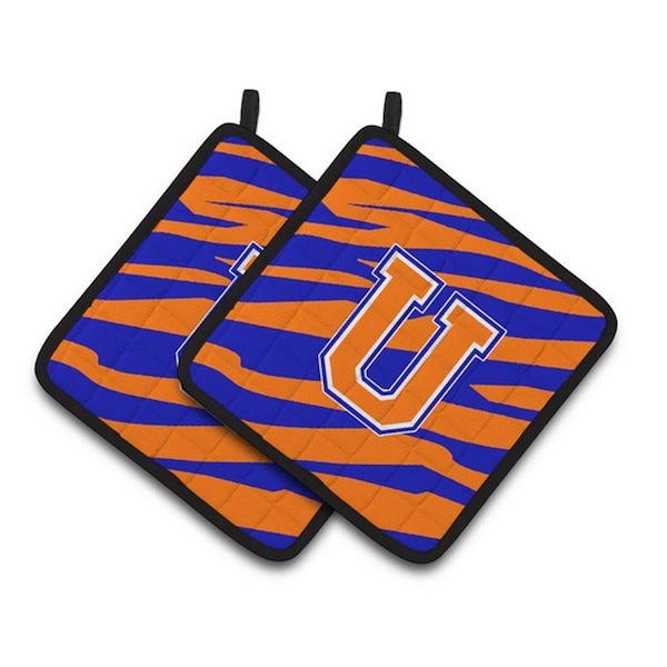 Carolines Treasures Monogram Initial U Tiger Stripe - Blue Orange Pair of Pot Holders, 7.5 x 3 x 7.5 in. - CJ1023-UPTHD