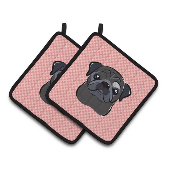 Carolines Treasures Checkerboard Pink Black Pug Pair of Pot Holders, 7.5 x 3 x 7.5 in. - BB1263PTHD