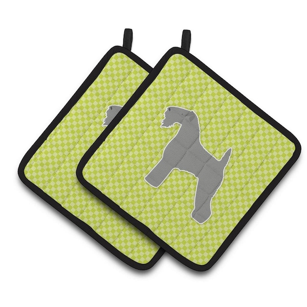 Carolines Treasures Kerry Blue Terrier Checkerboard Green Pair of Pot Holders - BB3792PTHD