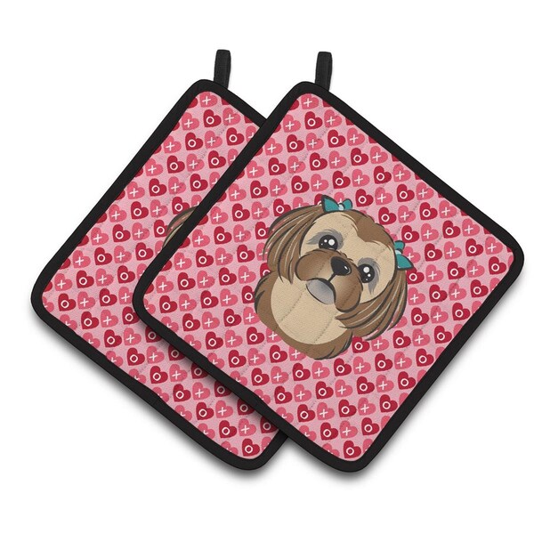 Carolines Treasures Chocolate Brown Shih Tzu Hearts Pair of Pot Holders - BB5319PTHD